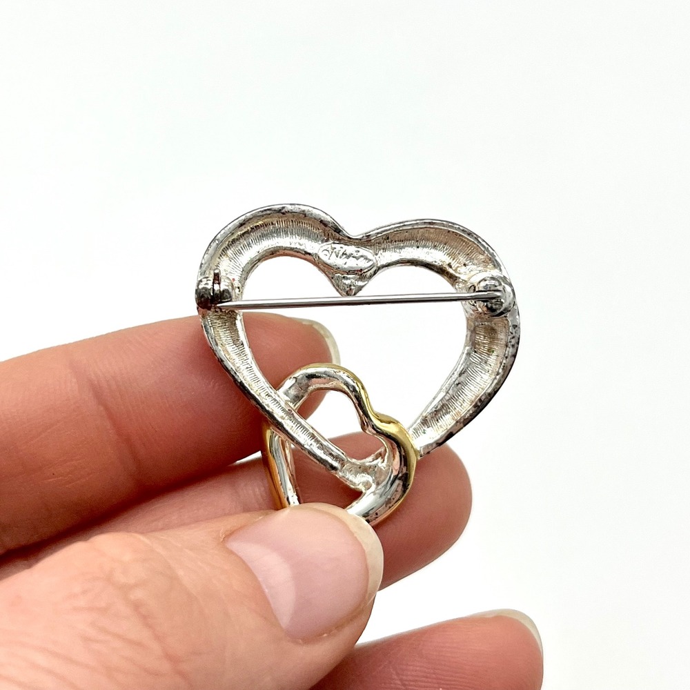 Vintage Napier Heart‎ Brooch Rhinestone Two Tone Gold Silver Interlocking - Picture 4 of 4